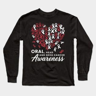 Burgundy White Heart Ribbon Oral Head Neck Cancer Awareness Long Sleeve T-Shirt